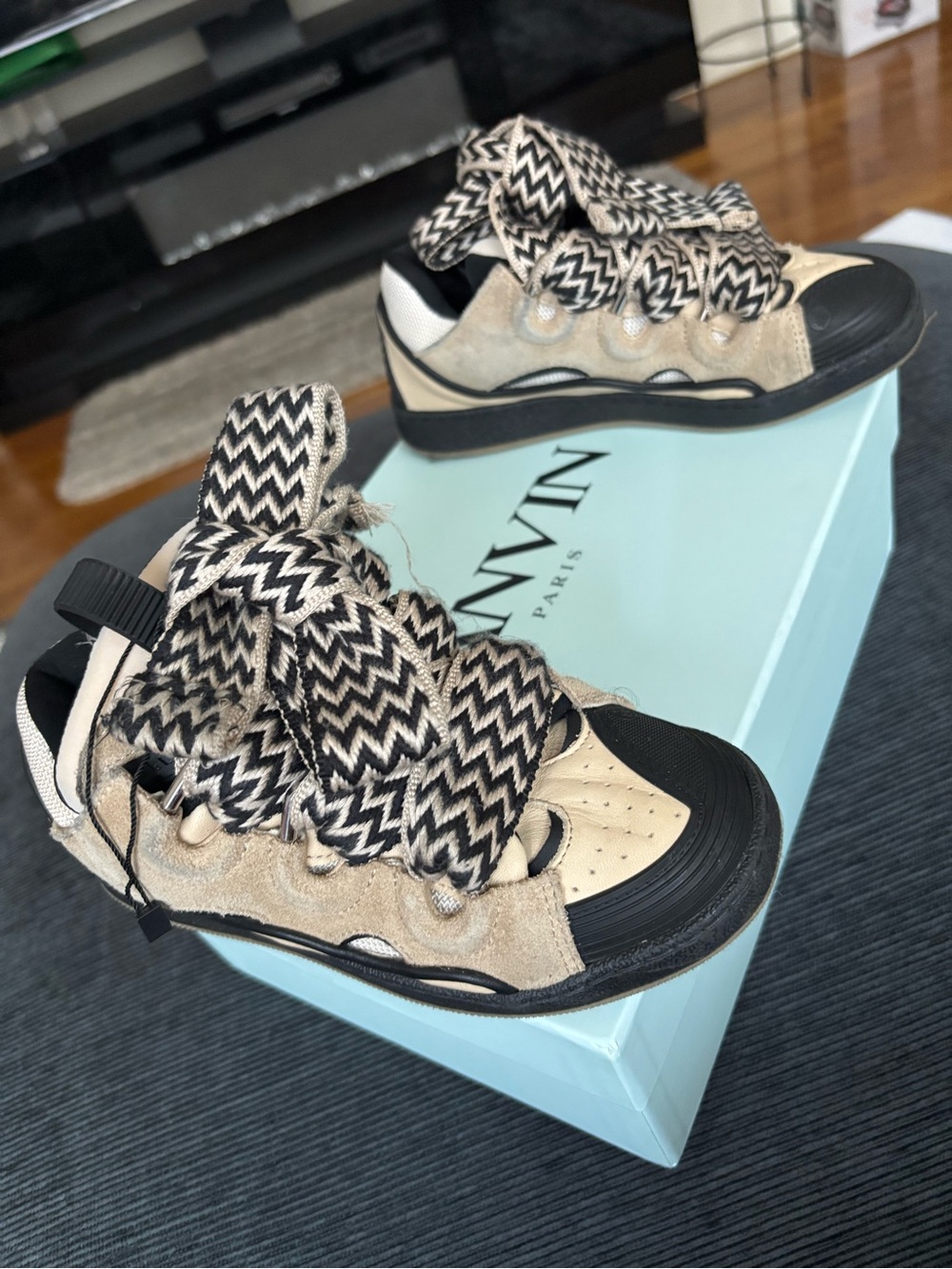 Lanvin Beige and Black Suede Ribbon Lace Sneakers